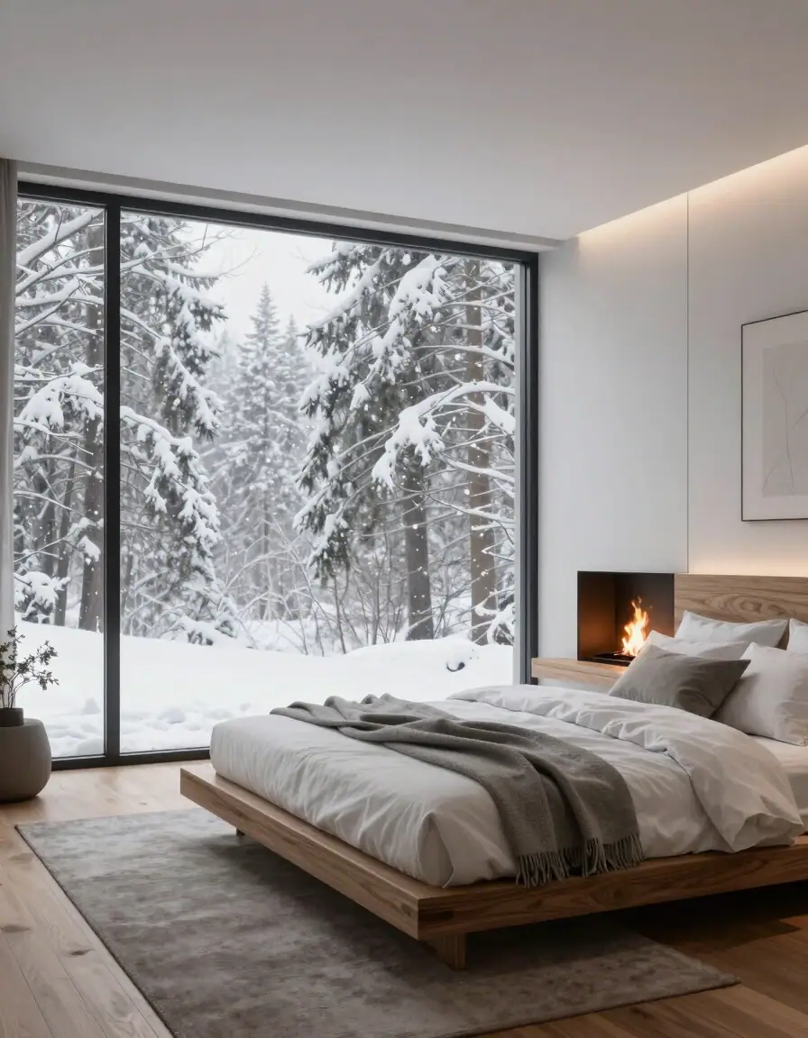 Modern Minimalist Bedroom with Snowy Forest View