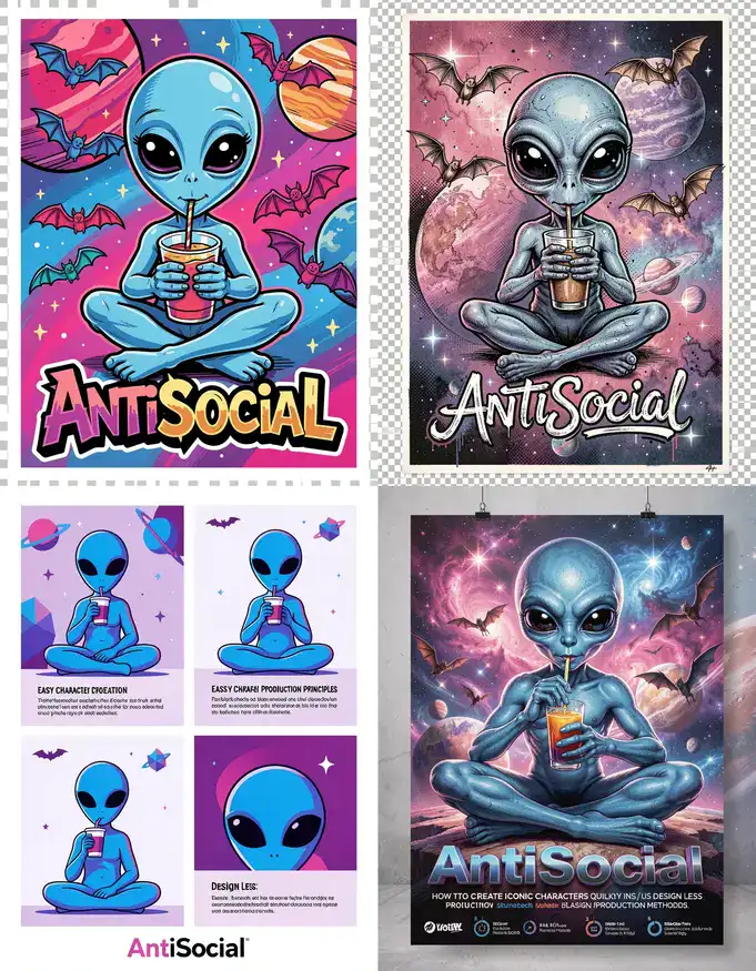 Vibrant Pop Art Alien Banner with Cosmic Elements and Stylized AntiSocial Text