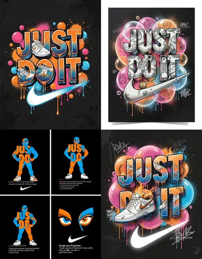 Vibrant Pop Art JUST DO IT Banner with Sneakers and Nike Swoosh in Bold 3D Lettering