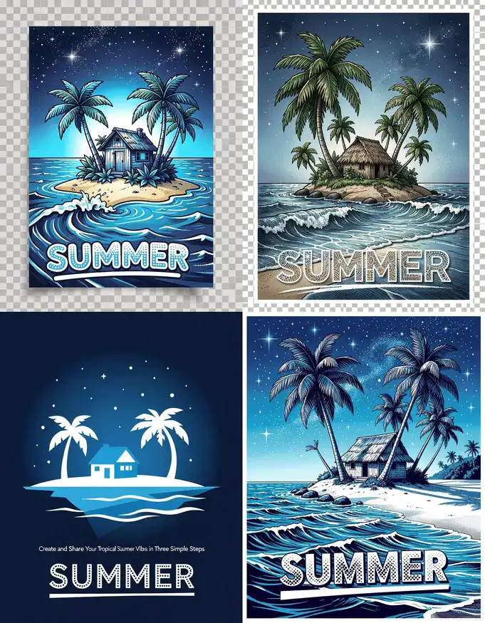 Vibrant Pop Art Tropical Island Banner with Stylized Summer Typography and Starry Night Glow