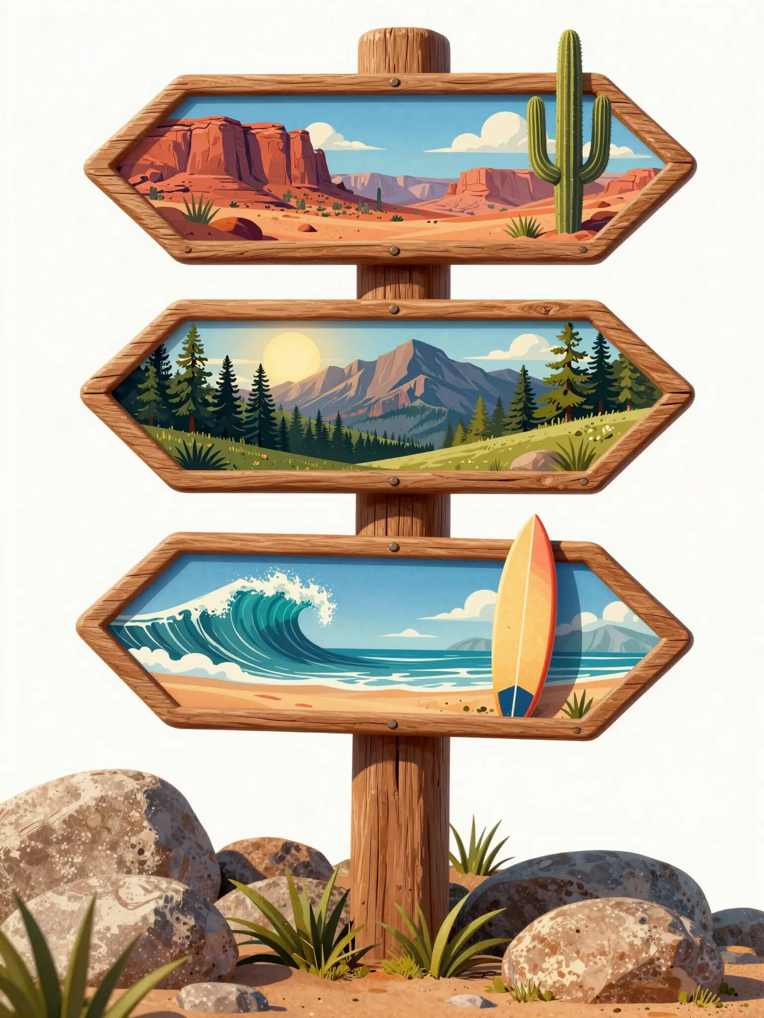 Wooden Directional Signpost with Landscape Scenes