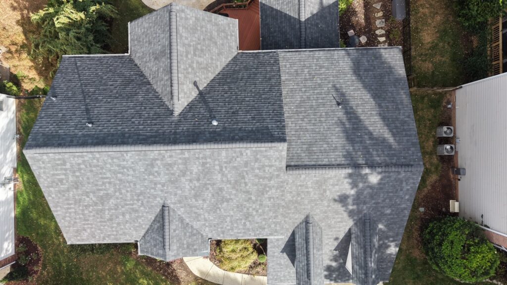 Overhead drone view of the finished Onyx Black roof in Waxhaw, NC