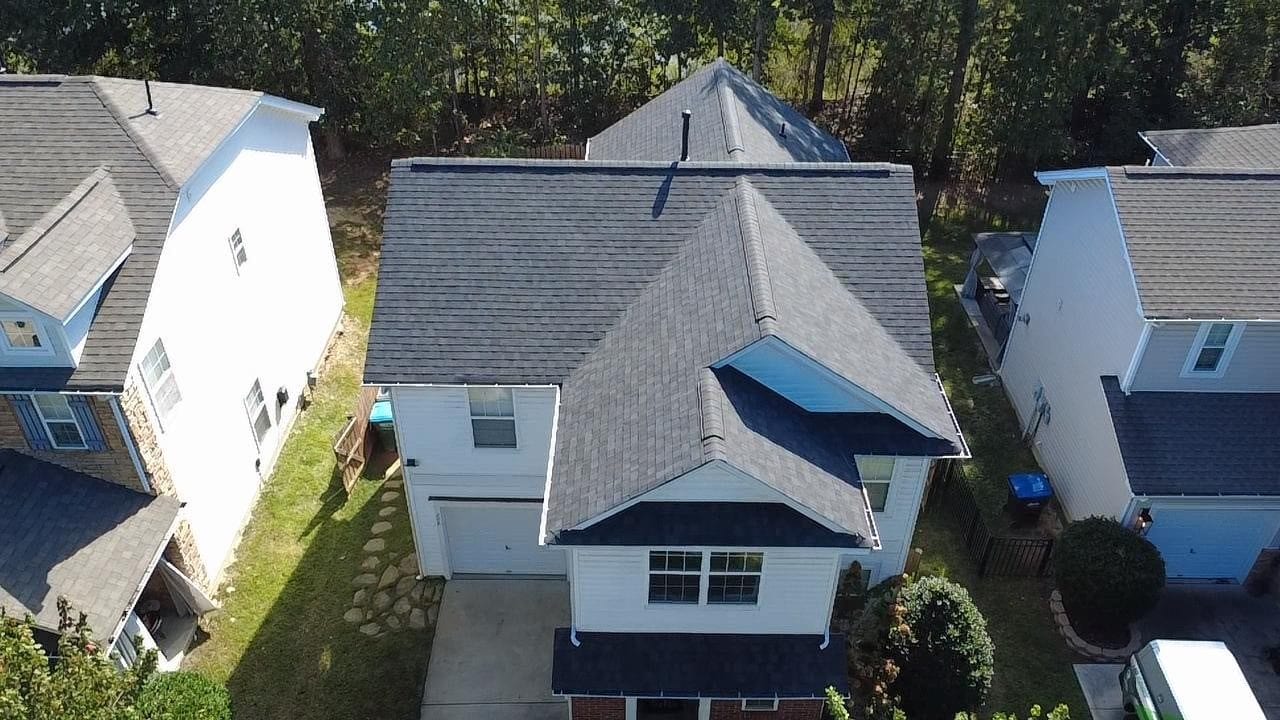 Two-story home roof replacement in a Charlotte, NC neighborhood