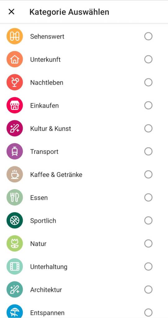 Auswahl Katagorien Journi