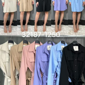 Vestido Italiano Corto de Mujer con Bolsillos Frontales, Botón y Cordón