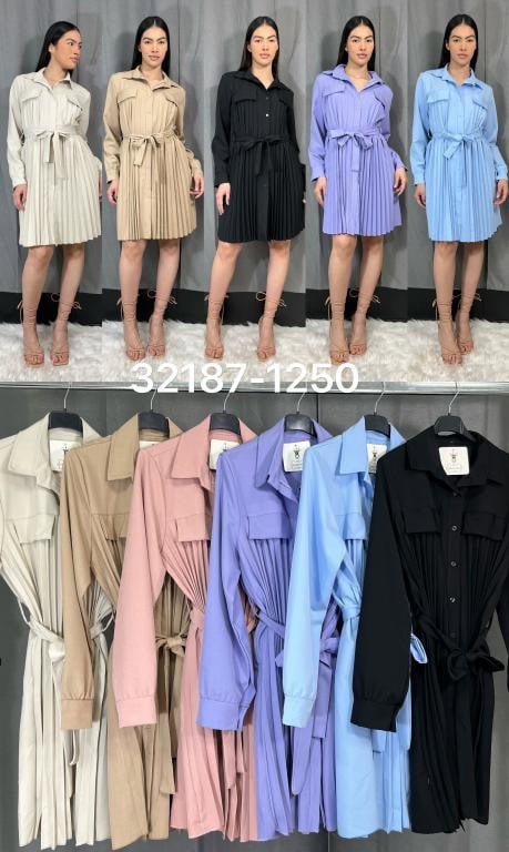 Vestido Italiano Corto de Mujer con Bolsillos Frontales, Botón y Cordón Vestido Italiano Corto de Mujer con Bolsillos Frontales, Botón y Cordón