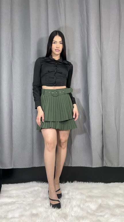 Falda Italiana Plisada de Mujer con Cinturón, Colores Lisos y Gran Calidad