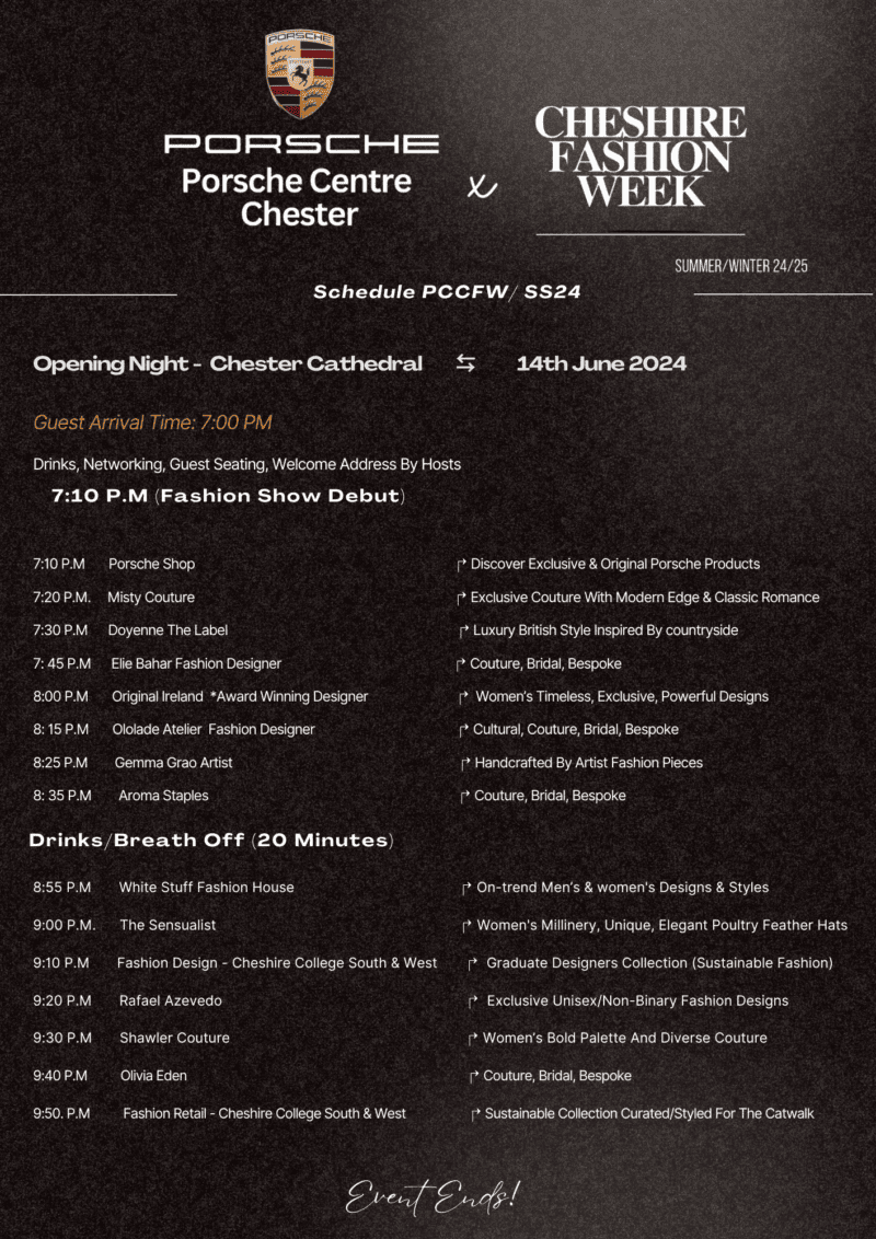 Porsche Centre Chester Cheshire Fashion Week 2024 Official Schedule And Lineup