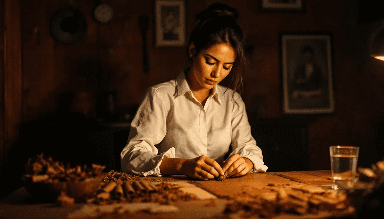 A Latin female cigar roller is skillfully rolling cigars, showcasing her expertise and passion for the art of cigar making. The scene captures the vibrant atmosphere of a cigar party, where friends gather to enjoy fine cigars, drinks, and good conversation.