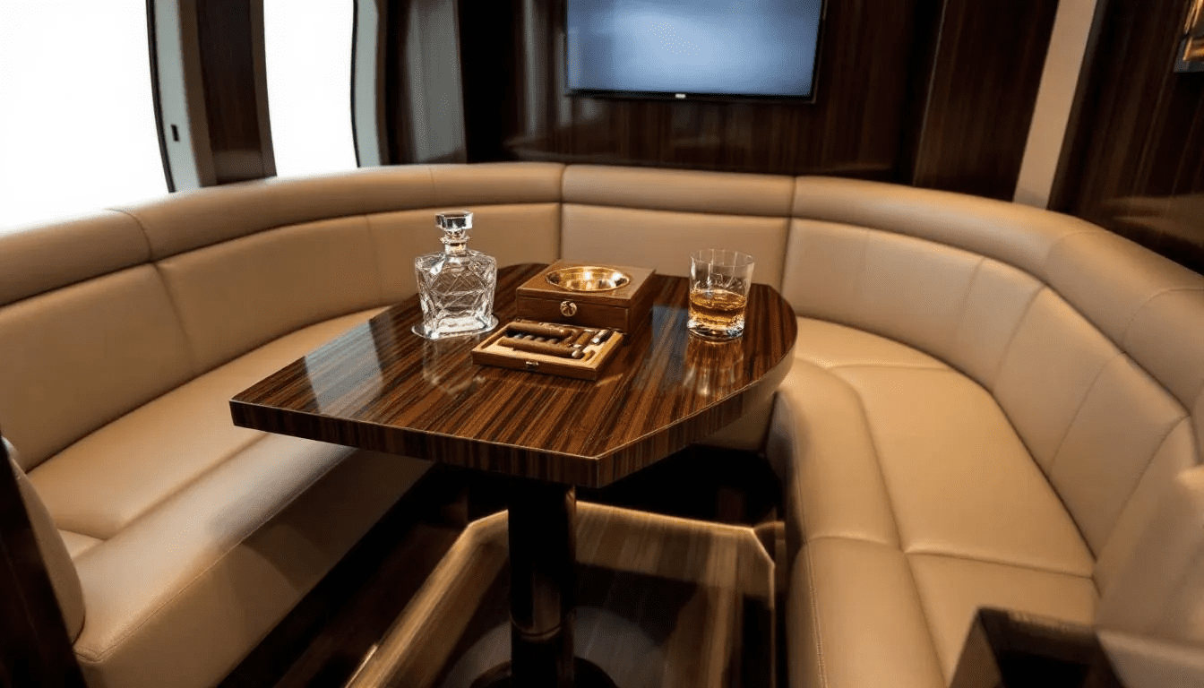 A luxurious mobile cigar lounge setup with comfortable seating and premium cigars.