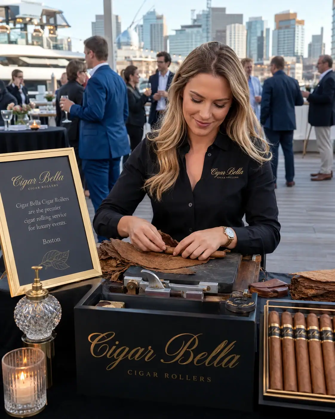 Cigar rollers Boston Harbor private event with a Cigar Bella female cigar roller