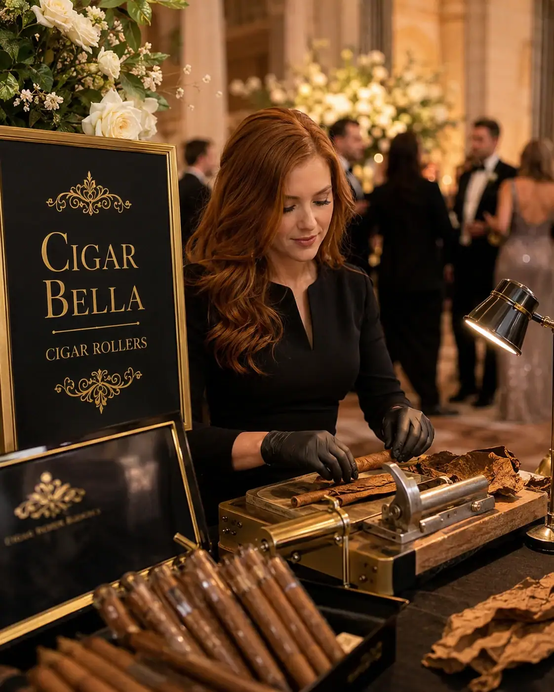 Cigar rollers Boston luxury wedding reception with a Cigar Bella female cigar roller