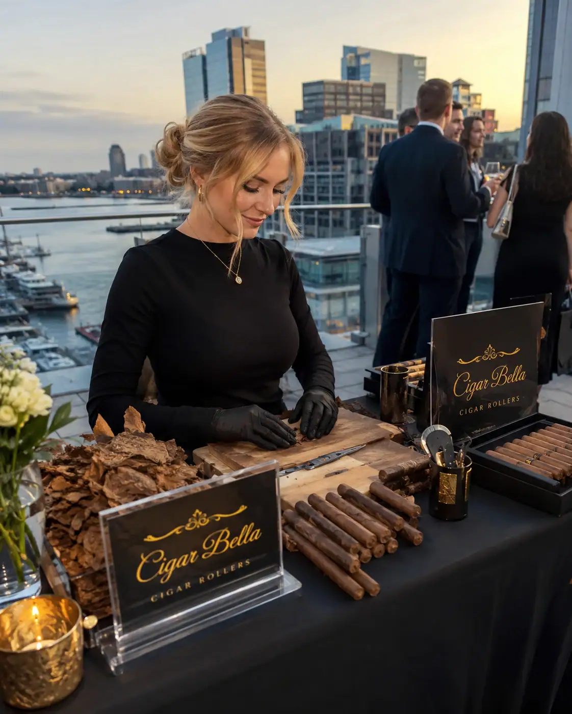Cigar rollers Boston Seaport rooftop event with a professional Cigar Bella female cigar roller