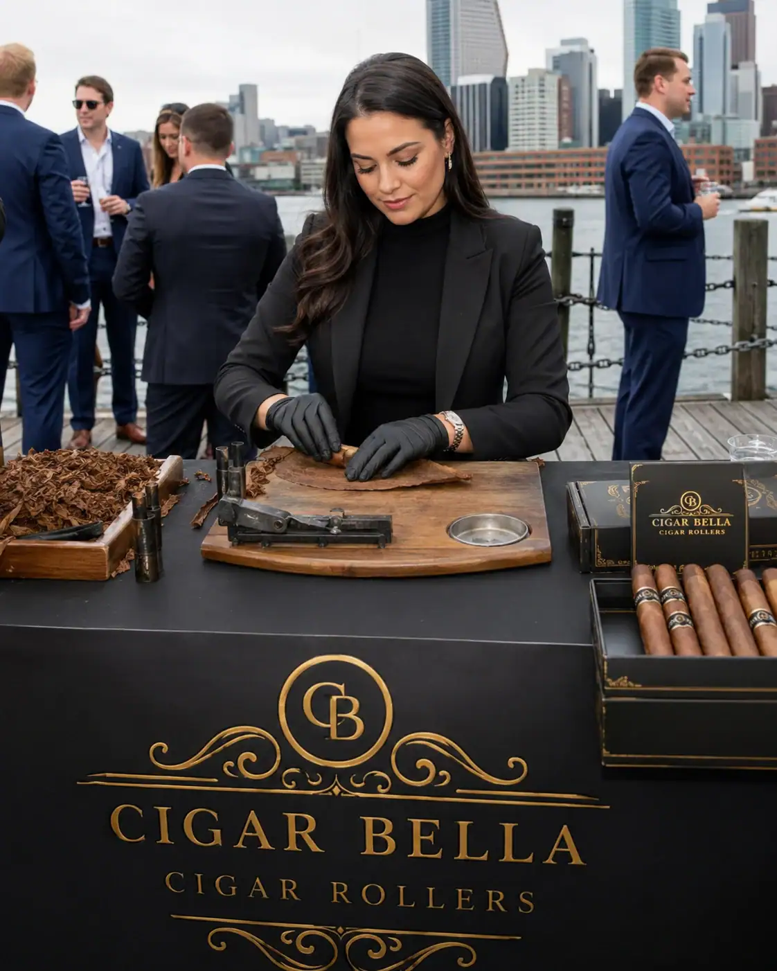 Cigar rollers Boston waterfront corporate event with a Cigar Bella female cigar roller