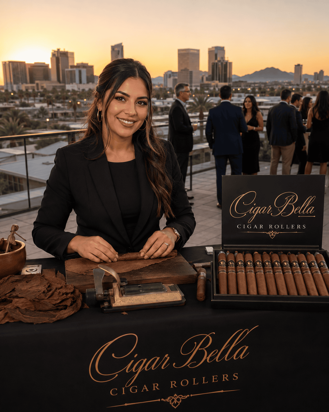Cigar Bella professional female cigar roller providing live cigar rolling at an upscale Phoenix event