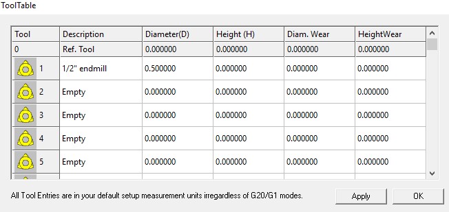 mach3 tool table showing .5" offset