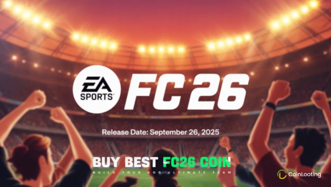 EA SPORTS FC 26 release date September 26, 2025, with stadium background and buy FC 26 Coins banner.