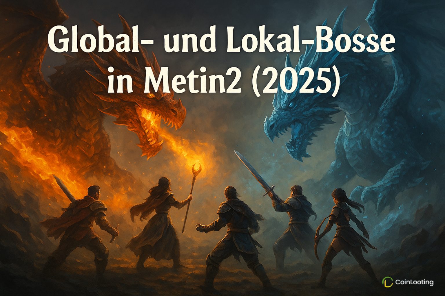 Metin2 2025 Boss-Guide-Cover mit Spielern, die sich auf Kämpfe gegen Feuer- und Eis-Drachen vorbereiten – symbolisiert globale und lokale Bosskämpfe