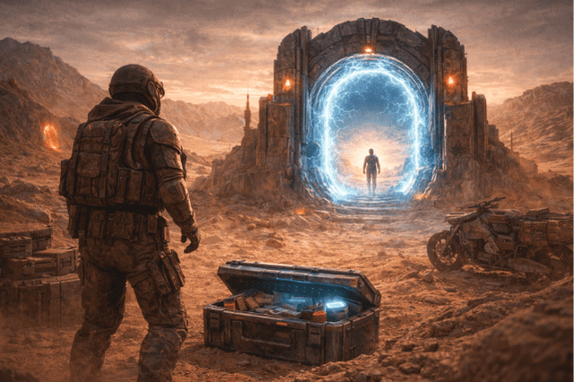 Spieler nähert sich einer leuchtenden Torstruktur, die Story-Fortschritt in Dune: Awakening symbolisiert