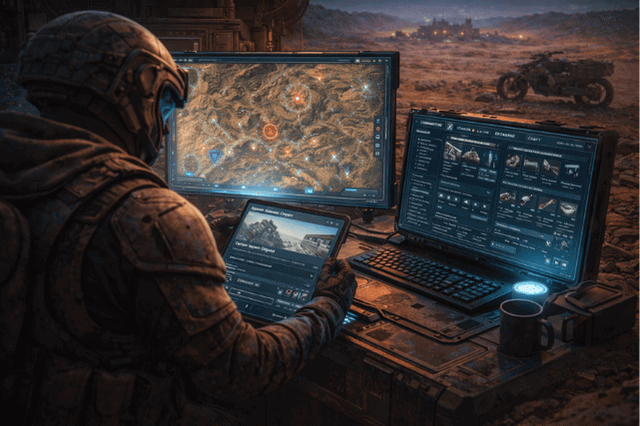 Player analyzing interactive map and database screens to plan routes in Dune: Awakening