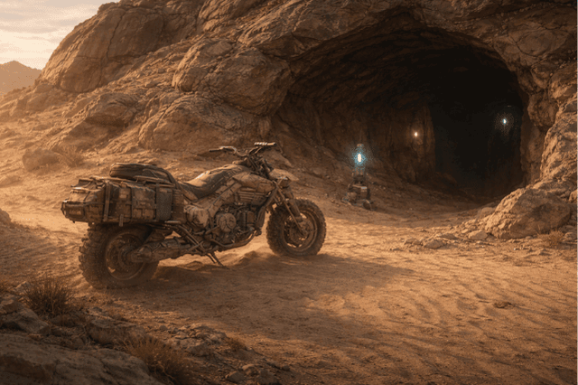 Sandbike parked outside a cave entrance in Dune: Awakening showing safe vehicle positioning before exploring ruins
