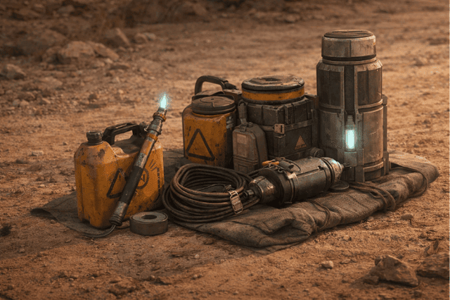 Reparaturtools, Schweißgerät, Draht und Treibstoffkanister im Sand ausgelegt für Early-Game-Überleben in Dune: Awakening