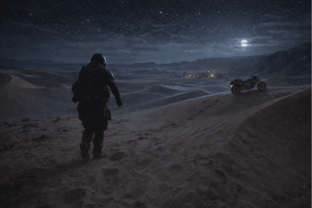 Explorer walking through dunes at night with sandbike in the distance under moonlight in Dune: Awakening