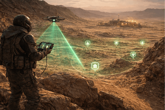 Spieler scannt Wüstengelände mit einer Drohne und holografischer Kartenprojektion in Dune: Awakening