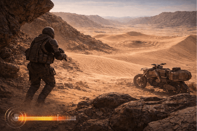 Erkunder beobachtet die Wüste, Vibrations-Warnanzeige sichtbar in Dune: Awakening