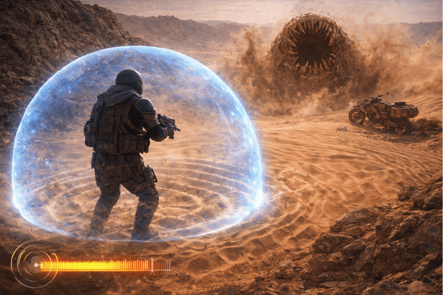 Spieler nutzt ein Energieschild auf offenem Sand, ein Sandwurm bricht im Hintergrund hervor in Dune: Awakening
