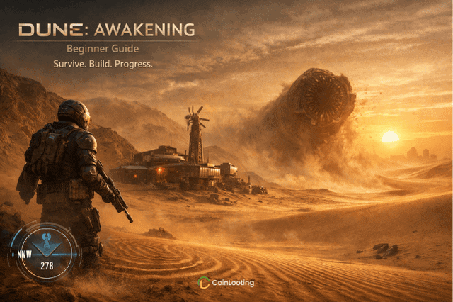Dune Awakening beginner guide overview showing classes, sandworms, base building, and Coriolis storm survival mechanics