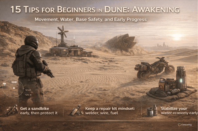 Dune: Awakening beginner tips cover showing a desert traveler, a sandbike near a base outpost, and survival gear for water and early progression