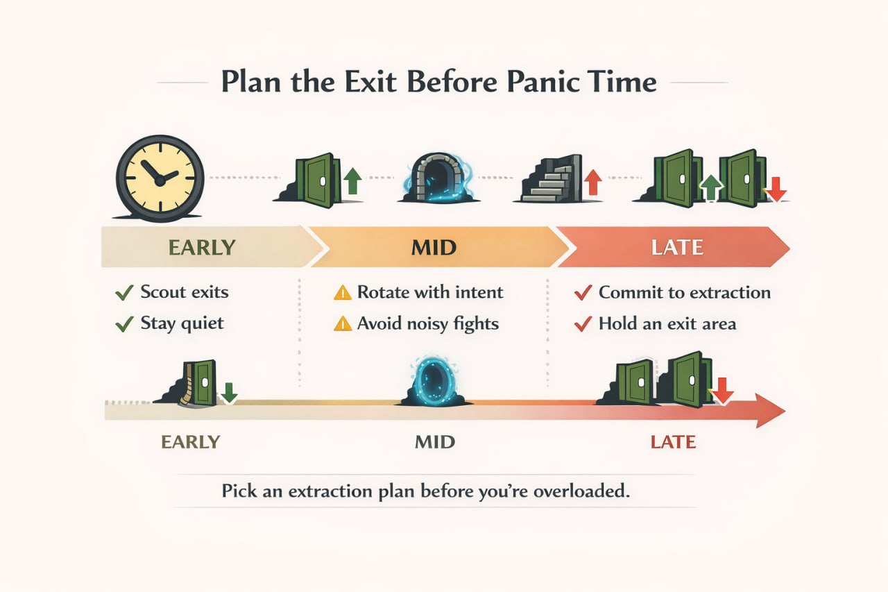 Cover-Bild zum Dark and Darker Anfänger-Guide mit Dungeon-Run, leuchtendem Extraktionsportal und der Entscheidung: sicher raus oder tiefer absteigen.