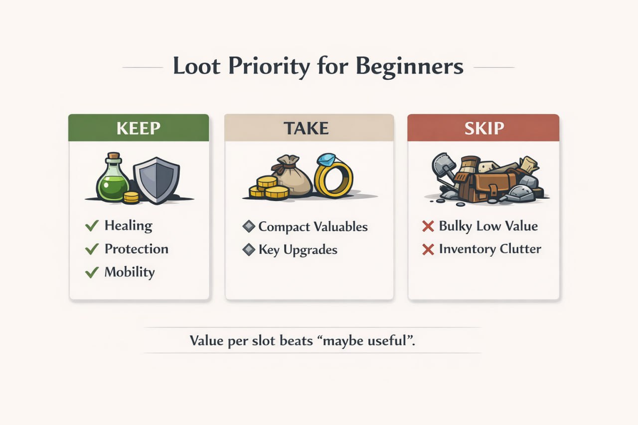 Infografik zu den Run-Phasen in Dark and Darker mit vier Schritten: Spawn und stabilisieren, looten mit Plan, Zeit und Exits prüfen, extrahieren oder absteigen.