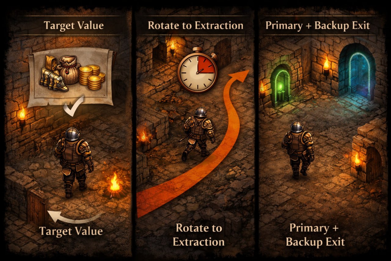 Firedeep Survival Guide cover image for Dark and Darker showing heat hazards, pocket pathing, and exit discipline rules with the extract or descend choice