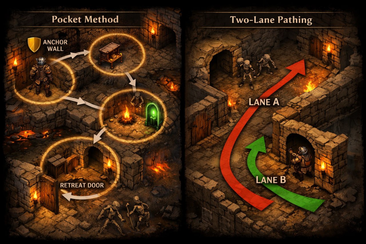Firedeep heat discipline infographic showing heal earlier, do long actions only in safe pockets, and pick recovery pockets before pushing