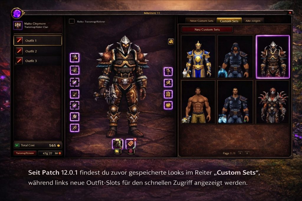 WoW Midnight Transmog-Oberfläche mit dem Reiter „Custom Sets“ und neuen Outfit-Slots in Patch 12.0.1