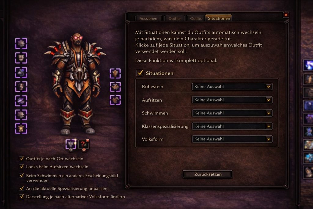WoW Midnight Reiter „Situationen“ mit automatischem Outfit-Wechsel basierend auf Ort, Reittier, Schwimmen und Spezialisierung