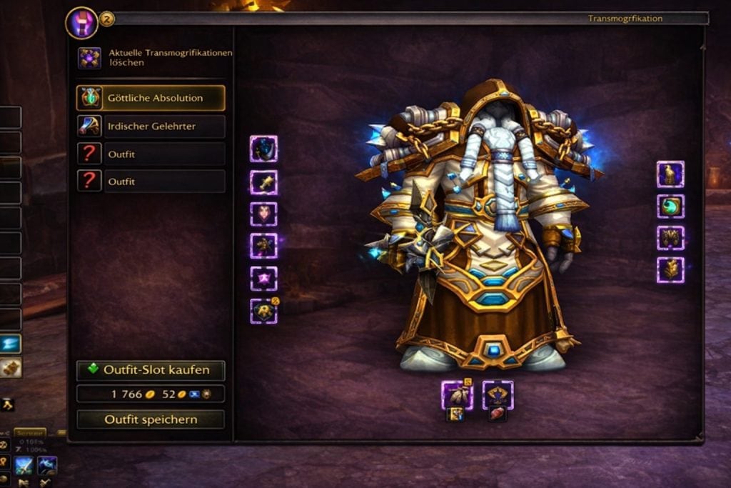 WoW Midnight Transmog-Fenster mit gespeicherten Outfit-Slots auf der linken Seite der Benutzeroberfläche