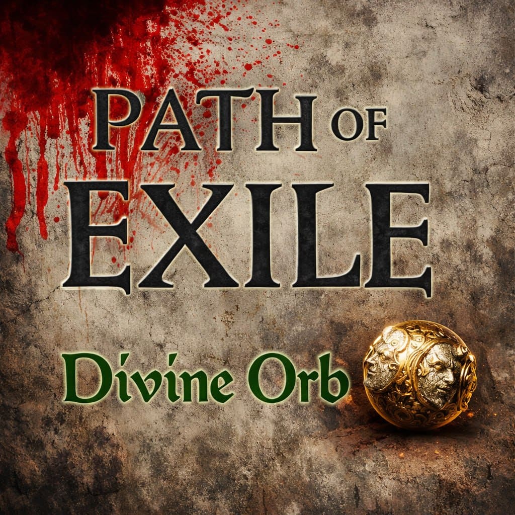 Path of Exile Divine Orbs product image with glowing golden orbs, a dark fantasy background, and a mystical atmosphere for Mirage, Standard, and Hardcore