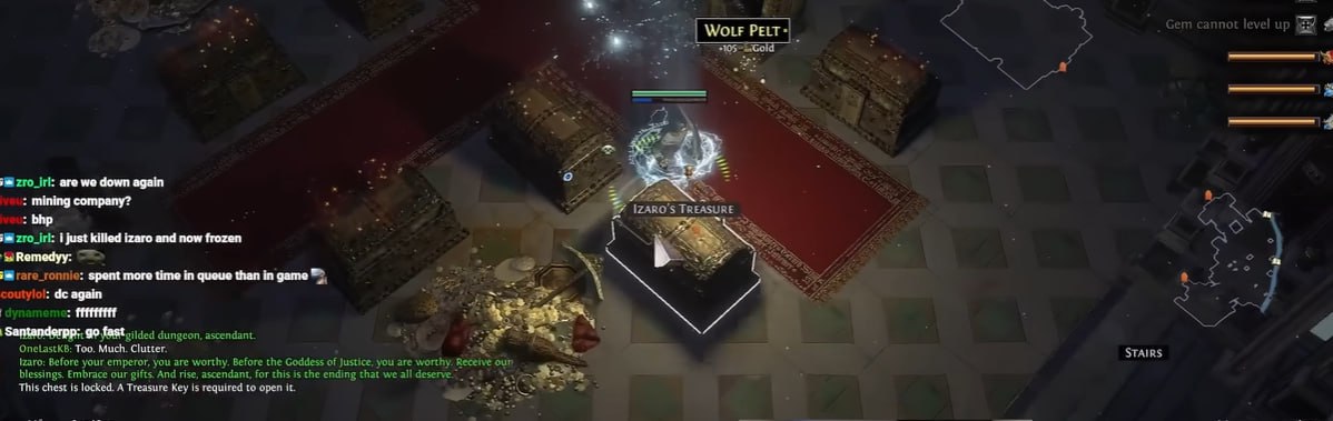 PoE Currency and Items gameplay scene in Path of Exile, showing a character near a reward chest during progression and farming