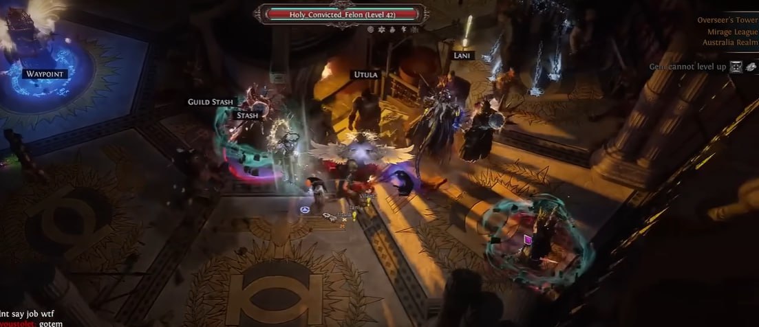 PoE Currency and Items group encounter in Path of Exile, showing players fighting enemies during a high-level dungeon or event run