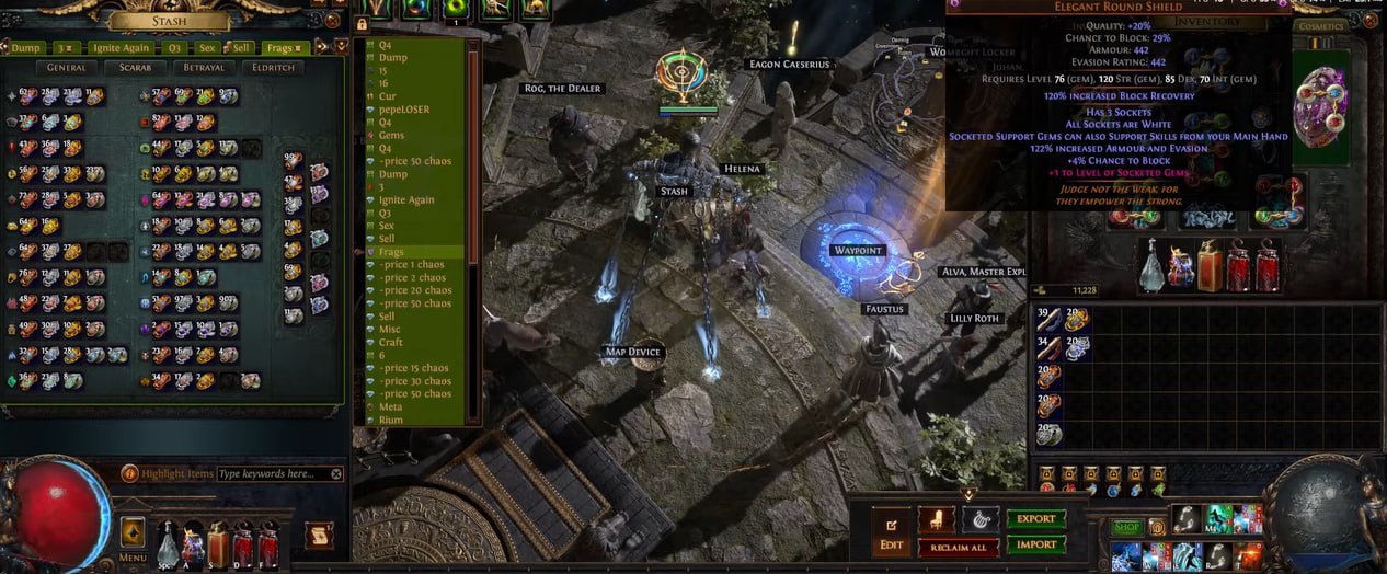 PoE Currency and Items trade screen in Path of Exile, showing in-game exchange, stash tabs, inventory, and item details for Mirage, Standard, and Hardcore