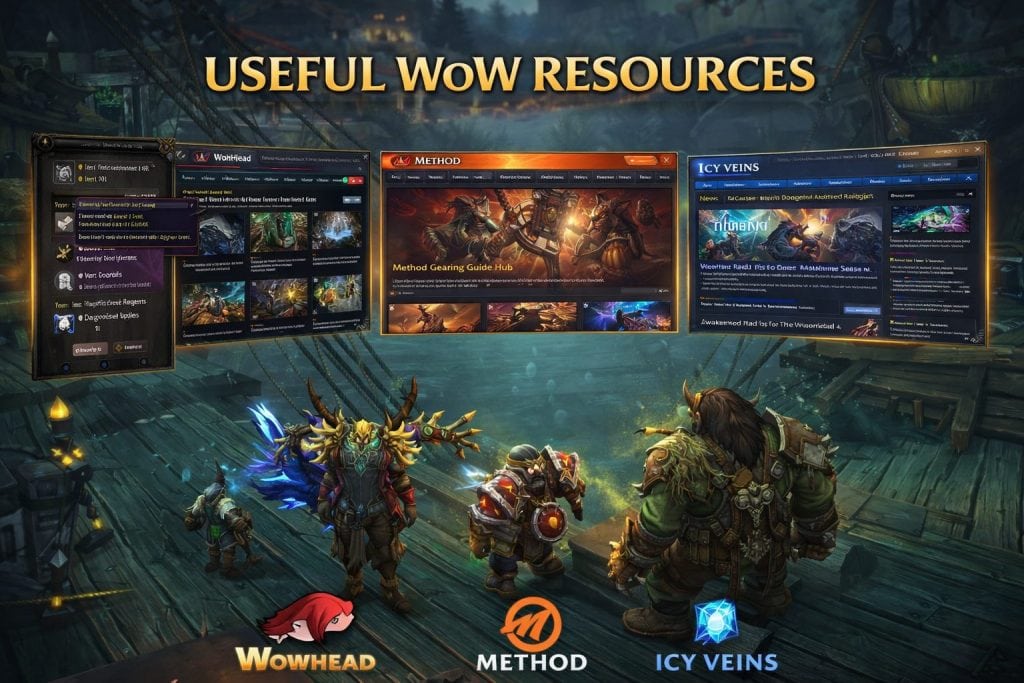 Useful WoW beginner resources including Wowhead, Method, and Icy Veins