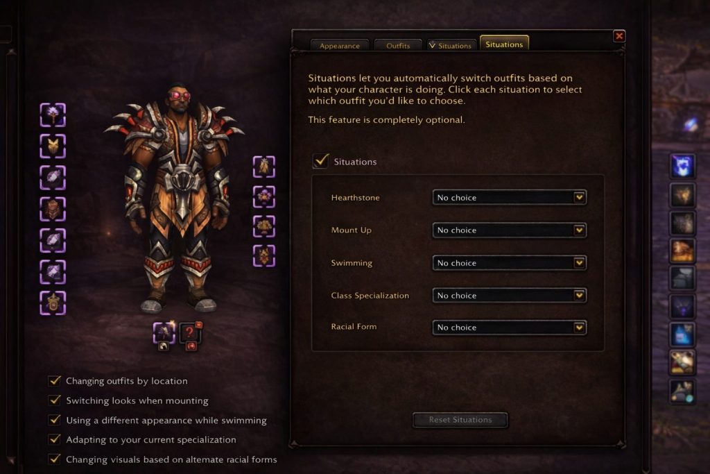 WoW Midnight Situations tab showing automatic outfit switching options based on location, mounting, swimming, and specialization