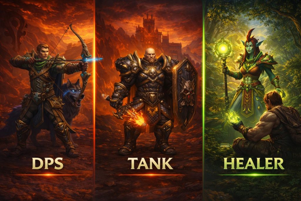 WoW Retail beginner roles guide showing DPS, Tank, and Healer