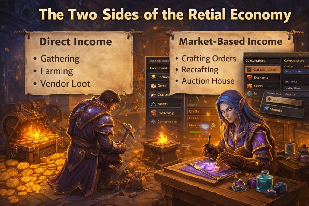 Comparison of direct income and market-based income in the WoW Retail economy