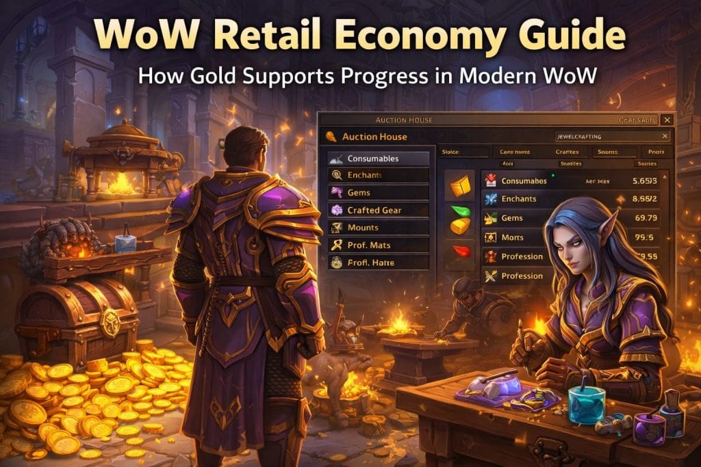 WoW Retail economy guide image showing gold, the Auction House, professions, crafted gear, and consumables in modern WoW