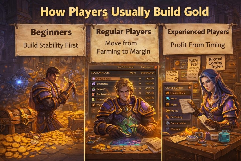 WoW Retail gold-making progression for beginners, regular players, and experienced players