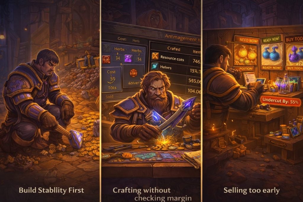 Common WoW Retail gold-making mistakes such as farming without a goal, crafting without checking margin, and selling too early